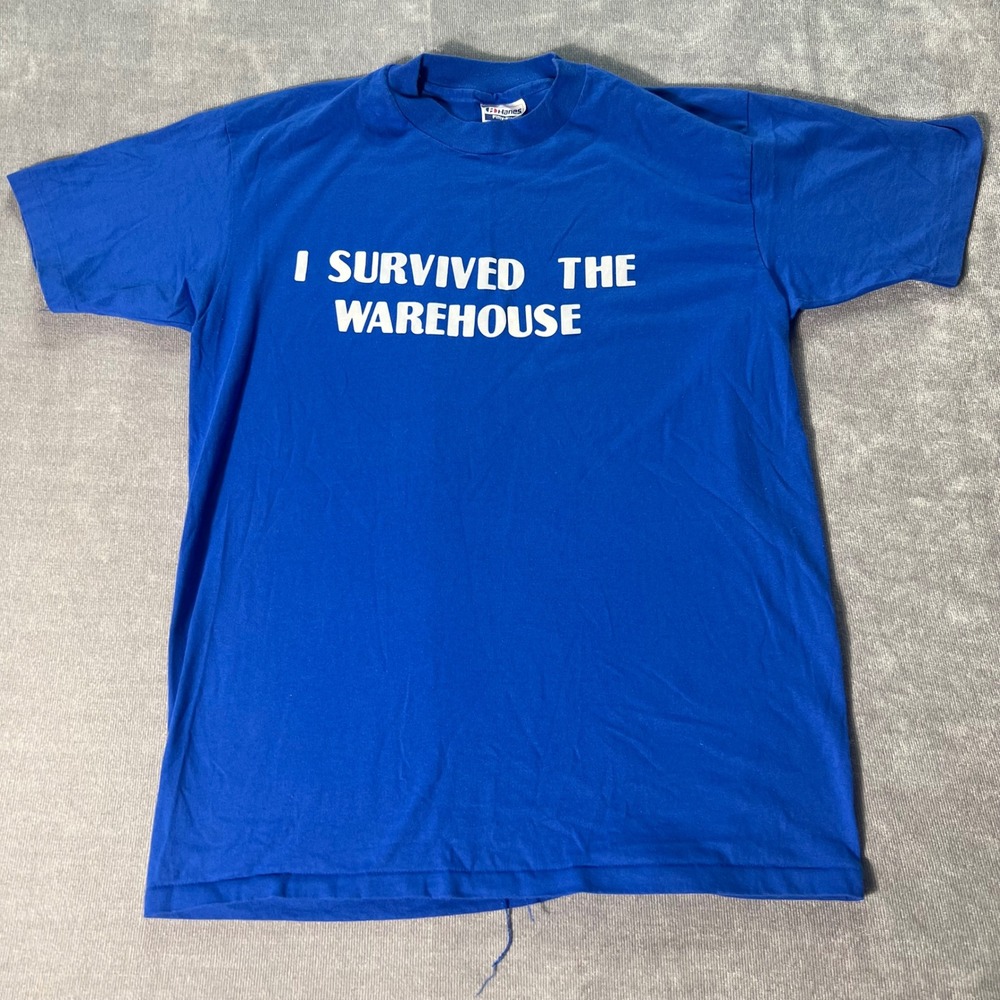 Vintage 1990 Hanes I Survived The Warehouse T Shirt Blue Single Stitch Large